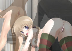 Rule 34 | 1boy, 1girl, blue eyes, blush, braid, braided ponytail, breasts, brown hair, censored, doggystyle, grabbing, grabbing another&#039;s breast, hetero, highres, koyomisa, large breasts, lynette bishop, nipples, nude, ponytail, pussy, sex, sex from behind, strike witches, striped clothes, striped thighhighs, thighhighs, vaginal, world witches series