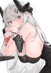 Rule 34 | 1girl, arknights, bare shoulders, black gloves, blush, bracelet, breasts, cleavage, closed mouth, cup, detached sleeves, drink, drinking glass, earrings, from side, gloves, hair ornament, hanging breasts, highres, holding, holding cup, horns, jewelry, large breasts, leaning forward, long hair, looking at viewer, looking to the side, mikozin, mudrock (arknights), mudrock (obsidian) (arknights), official alternate costume, pink eyes, pointy ears, short sleeves, simple background, single glove, smile, solo, table, very long hair, white background, white hair