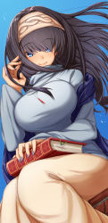 Rule 34 | 1girl, absurdres, black hair, blue background, blue eyes, blush, book, breasts, commentary request, fingernails, hairband, highres, holding, holding book, idolmaster, idolmaster cinderella girls, jewelry, large breasts, long hair, looking at viewer, morino shoutarou, necklace, pendant, sagisawa fumika, shawl, simple background, smile, sweater