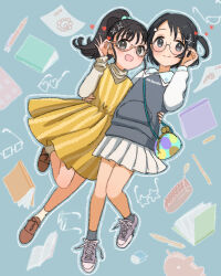 Rule 34 | 2girls, adjusting eyewear, bag, bespectacled, black eyes, black hair, blue background, blue socks, blue trim, blush, book, breasts, brown footwear, closed mouth, dot nose, dress, eraser, flat chest, fukuyama mai, full body, glasses, glint, grey footwear, hair bobbles, hair ornament, hairclip, hand on another&#039;s waist, hand up, heart, idolmaster, idolmaster cinderella girls, idolmaster cinderella girls starlight stage, long hair, long sleeves, looking at viewer, megabee e, multiple girls, open mouth, paper, pen, pleated skirt, ponytail, rabbit hair ornament, sasaki chie, shoes, short hair, skirt, small breasts, smile, sneakers, socks, standing, standing on one leg, striped clothes, striped dress, two-tone shirt, white skirt, white socks, yellow dress