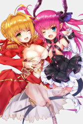Rule 34 | 10s, 2girls, ahoge, bad id, bad pixiv id, blonde hair, blue eyes, blush, boots, breasts, claws, cleavage, dress, elizabeth bathory (fate), elizabeth bathory (fate/extra ccc), elizabeth bathory (first ascension) (fate), epaulettes, fang, fate/extra, fate/extra ccc, fate/grand order, fate (series), green eyes, high heels, horns, large breasts, leg up, long hair, looking at viewer, multiple girls, nero claudius (fate), nero claudius (fate) (all), nero claudius (fate/extra), one eye closed, open mouth, pink hair, pointy ears, red dress, samoore, see-through, small breasts, tail, two side up, wrist cuffs