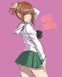 Rule 34 | 1girl, absurdres, arm up, blush, breasts, brown eyes, brown hair, fingernails, from side, girls und panzer, green skirt, highres, long sleeves, looking at viewer, looking back, medium hair, nishizumi miho, parted lips, pleated skirt, purple background, sailor collar, school uniform, sidelocks, simple background, skirt, small breasts, solo, yamashita shun&#039;ya