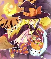 Rule 34 | 1girl, blonde hair, broom, candy, cape, crescent moon, earrings, female focus, flat chest, food, full body, ghost, gloves, halloween, hat, highres, jack-o&#039;-lantern, jewelry, kazuma (kazumav), long hair, moon, original, panties, pointy ears, pumpkin, red eyes, slippers, solo, striped clothes, striped panties, striped thighhighs, thighhighs, underwear, witch, witch hat