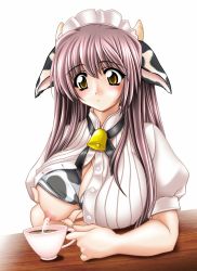 Rule 34 | 1girl, animal costume, animal ears, bell, breast milk, breasts, cow costume, cow girl, cowbell, cup, grabbing, grabbing another&#039;s breast, lactating into container, lactation, large breasts, long hair, milk, nipples, original, purple hair, solo, teacup, tomoya kankurou