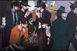 Rule 34 | 6+boys, alcohol, beard, board game, bottle, chair, chess, cigarette, clone, covered eyes, facial hair, formal, hand on own face, hat, highres, jigen daisuke, lupin iii, male focus, multiple boys, no headwear, playing chess, sitting, smoking, suit, table, urourooooo