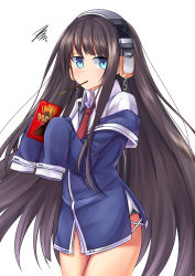 Rule 34 | 1girl, absurdres, azur lane, bad id, bad pixiv id, black hair, blue eyes, commentary request, headphones, highres, long hair, long island (azur lane), looking at viewer, mouth hold, natu sksp, necktie, pocky day, simple background, sleeves past wrists, solo, white background