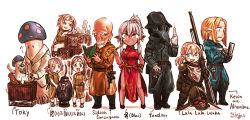 Rule 34 | 2others, 3boys, 5girls, :d, ankle boots, armor, bald, bandana, beard, black footwear, black headwear, blonde hair, bomb, book, boots, breastplate, breasts, brown coat, character name, china dress, chinese clothes, closed mouth, coat, crate, dark elf, dated, dress, elf, explosive, facial hair, full armor, gauntlets, glint, gloves, greaves, grin, hand on own hip, hat, unworn headwear, helmet, unworn helmet, holding, holding book, holding syringe, holster, holstered, kiseru, kotoba noriaki, large breasts, long dress, looking at viewer, multiple boys, multiple girls, multiple others, mushroom, mustache, old, old man, open book, open mouth, original, plague doctor mask, pointy ears, ponytail, quill, red dress, sanpaku, side slit, signature, simple background, skull and crossbones, smile, smoking pipe, standing, sweatdrop, syringe, triplets, white background, white gloves, white hair