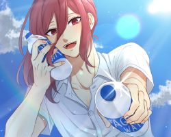 Rule 34 | 1boy, adam&#039;s apple, blue lock, bottle, chigiri hyouma, collarbone, collared shirt, eyelashes, fasola tj, fingernails, giving, hair between eyes, handing object, highres, long hair, looking at viewer, open mouth, pov, red eyes, red hair, shirt, short sleeves, sky, smile, solo, teeth, tongue, water, water bottle, white shirt