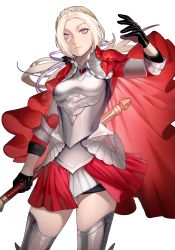 Rule 34 | 1girl, absurdres, alternate hairstyle, armor, axe, black gloves, breastplate, cape, edelgard von hresvelg, fire emblem, fire emblem: three houses, fire emblem warriors, fire emblem warriors: three hopes, gloves, hair ornament, hair ribbon, hanny (uirusu chan), highres, long hair, long sleeves, looking at viewer, nintendo, official alternate costume, official alternate hairstyle, purple eyes, red cape, ribbon, simple background, skirt, solo, thighhighs, thighs, weapon, white hair, zettai ryouiki