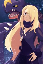 Rule 34 | 1girl, blonde hair, closed mouth, coat, commentary request, creatures (company), cynthia (pokemon), eyelashes, fur-trimmed coat, fur collar, fur trim, game freak, garchomp, garuta01 (daigosan00001), gen 4 pokemon, hair ornament, hair over one eye, hand on own hip, highres, long hair, long sleeves, looking at viewer, nintendo, pants, pokemon, pokemon (creature), pokemon dppt, shirt, smile