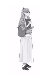 Rule 34 | 1girl, alternate costume, asymmetrical bangs, bag, book, closed mouth, dungeon meshi, elf, frs2, full body, greyscale, hands up, highres, holding, holding book, loafers, long hair, long skirt, long sleeves, looking at viewer, marcille donato, monochrome, pointy ears, ponytail, shoes, shoulder bag, simple background, skirt, solo, standing, sweater, white background