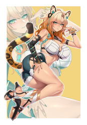 1girl absurdres animal_ear_fluff animal_ears aqua_hair ass bare_shoulders black_footwear black_nails blonde_hair blue_shorts blush border bracelet braid breasts cleavage commentary_request crop_top denim denim_shorts dogs_(dlrkdejr26) fingernails genshin_impact green_eyes hair_between_eyes hand_up high_heels highres jaguar_ears jaguar_tail jewelry korean_commentary large_breasts long_hair looking_at_viewer multicolored_hair multicolored_nails nail_polish navel orange_hair parted_lips partial_commentary pink_hair short_shorts shorts stomach tail variant_set white_border xilonen_(genshin_impact) yellow_background yellow_nails zoom_layer