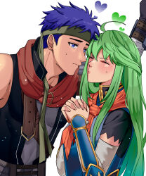 Rule 34 | absurdres, ahoge, armor, blue eyes, blue hair, blush, cape, closed eyes, commission, fire emblem, fire emblem: path of radiance, fire emblem: radiant dawn, green hair, highres, ike (fire emblem), muscular, muscular male, nephenee (fire emblem), nintendo, pevitart, puckered lips, sweat