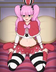 Rule 34 | 1girl, afrobull, blunt bangs, breasts, crown, highres, large breasts, long hair, long sleeves, looking at viewer, miniskirt, navel, on bed, one piece, pantyhose, perona, pillow, pink hair, red skirt, sitting, skirt, smile, solo, stomach, striped clothes, striped pantyhose, twintails, wariza