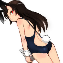 Rule 34 | 1girl, animal ears, ass, back, backless swimsuit, brown hair, from behind, long hair, looking back, one-piece swimsuit, playboy bunny swimsuit, rabbit ears, rabbit tail, red eyes, sketch, solo, swimsuit, tail