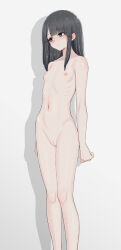 Rule 34 | 1girl, black hair, blue eyes, blunt bangs, breasts, cleft of venus, closed mouth, collarbone, completely nude, expressionless, highres, hip bones, long hair, mustee, narrow waist, navel, nipples, nude, original, pussy, ribs, simple background, skinny, slim legs, small breasts, solo, standing, uncensored, white background