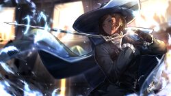 Rule 34 | 1girl, 6+others, black gloves, black jacket, blue cape, blue headwear, brown eyes, brown hair, cape, cavalier hat, closed mouth, ear piercing, game cg, gloves, highres, holding, holding sword, holding weapon, jacket, limbus company, long sleeves, multiple others, nai ga, official art, outis (project moon), piercing, project moon, rapier, sidelocks, solo focus, standing, sword, weapon