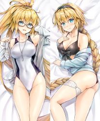 Rule 34 | 1girl, bikini, black-framed eyewear, black bikini, black hairband, blonde hair, blue eyes, blue jacket, braid, breasts, cleavage, competition swimsuit, cowboy shot, fate/grand order, fate (series), front-tie bikini top, front-tie top, glasses, hairband, highres, hood, hooded jacket, jacket, jeanne d&#039;arc (fate), jeanne d&#039;arc (ruler) (fate), jeanne d&#039;arc (swimsuit archer) (fate), jeanne d&#039;arc (swimsuit archer) (first ascension) (fate), jeanne d&#039;arc (swimsuit archer) (second ascension) (fate), koyuki (kotatsu358), long braid, long hair, looking at viewer, medium breasts, multiple views, one-piece swimsuit, open clothes, open jacket, ponytail, single braid, swimsuit, thigh gap, twintails, very long hair, whistle, whistle around neck, white jacket, white one-piece swimsuit