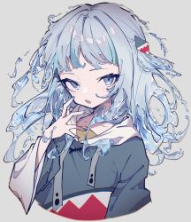 Rule 34 | 1girl, :o, absurdres, bad id, bad pixiv id, blue eyes, blue hair, blue nails, commentary, cropped torso, full burrrrrrst, gawr gura, grey background, grey hoodie, hair ornament, hand up, highres, hololive, hololive english, hood, hoodie, light blue hair, liquid hair, long sleeves, looking at viewer, nail polish, open mouth, shark girl, shark hair ornament, short hair, simple background, solo, two side up, upper body, virtual youtuber