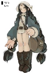 Rule 34 | 1girl, bag, belt, black hair, boots, braid, brown eyes, brown footwear, character name, closed mouth, ebimomo, full body, highres, long hair, long sleeves, looking at viewer, shoulder bag, simple background, solo, standing, stones of dragon, third eye, twin braids, very long hair, white background