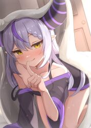 Rule 34 | 1girl, :q, absurdres, all fours, bare shoulders, black shirt, blanket, blush, bottomless, closed mouth, collarbone, commentary, demon girl, demon horns, finger to mouth, grey hair, hashira 14, highres, hololive, horns, index finger raised, la+ darknesss, looking at viewer, multicolored hair, off shoulder, pointy ears, purple hair, shirt, smile, solo, streaked hair, striped horns, tongue, tongue out, virtual youtuber, yellow eyes