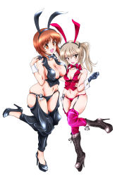 Rule 34 | 2girls, :d, absurdres, adapted costume, animal ears, arm around waist, black footwear, black gloves, black jacket, black legwear, black panties, black ribbon, black shirt, blunt bangs, boots, bow, bowtie, breasts, brown eyes, brown hair, chaps, character name, cleavage, crop top, cross-laced footwear, dated, detached collar, dress shirt, fake animal ears, frown, garter straps, girls und panzer, gloves, groin, hair ribbon, hand on another&#039;s shoulder, high collar, high heel boots, high heels, highres, jacket, knee boots, lace-up boots, leotard, light brown hair, long hair, medium breasts, multiple girls, navel, neck ribbon, nishizumi miho, one side up, open mouth, panties, playboy bunny, rabbit ears, red jacket, red legwear, red neckwear, red panties, red shirt, ribbon, shimada arisu, shirt, short hair, side-by-side, skindentation, sleeveless, sleeveless shirt, small breasts, smile, standing, standing on one leg, straight hair, sweatdrop, thighhighs, tilted headwear, tomokoji, twitter username, underwear, white shirt, wing collar, wrist cuffs