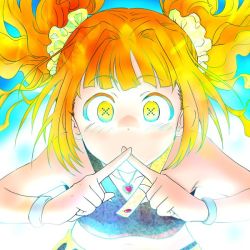 Rule 34 | 1girl, bent over, cornpotage00, crop top, crossed fingers, floating hair, funny logic, heart, heart necklace, idolmaster, idolmaster (classic), jewelry, long hair, looking at viewer, necklace, orange hair, takatsuki yayoi, twintails, upper body, x fingers, x x, yellow eyes