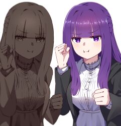 Rule 34 | 2girls, :i, black coat, blunt bangs, clenched hand, clone, coat, commentary request, dress, fern (sousou no frieren), hands up, highres, hyoe (hachiechi), jitome, long hair, looking at viewer, multiple girls, open clothes, open coat, pout, purple hair, sousou no frieren, upper body, v-shaped eyebrows, white dress