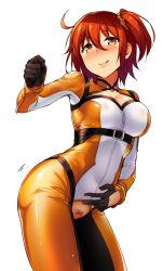 Rule 34 | 1girl, :q, ahoge, belt, black gloves, blush, bodysuit, breasts, cleavage, cleavage cutout, clothing cutout, fate/grand order, fate (series), female pubic hair, fujimaru ritsuka (female), fujimaru ritsuka (female) (chaldea combat uniform), gloves, hair ornament, hair scrunchie, highres, medium breasts, mikawaya, official alternate costume, orange eyes, orange hair, pubic hair, pussy, pussy cutout, scrunchie, short hair, side ponytail, simple background, smile, solo, tongue, tongue out, white background