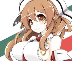 Rule 34 | 10s, 1girl, bare shoulders, blouse, breasts, brown eyes, brown hair, collared shirt, detached sleeves, hair between eyes, hair ornament, hat, highres, kantai collection, large breasts, littorio (kancolle), long hair, nanashino (nanasino101), necktie, ponytail, red necktie, shirt, sleeveless, sleeveless shirt, smile, solo, wavy hair, white hat