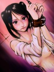 Rule 34 | 1girl, bdsm, black eyes, black hair, bondage, bound, breasts, chain, female focus, highres, kobito, long hair, nipples, open clothes, open shirt, shirt, shirt slip, short twintails, solo, tears, twintails, wet