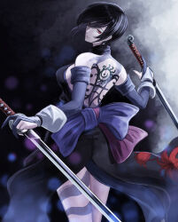 Rule 34 | 1girl, akito1218, back tattoo, backless kimono, black hair, blue eyes, blue gloves, blue kimono, breasts, dual wielding, elbow gloves, gloves, half-closed eyes, heterochromia, highres, holding, holding sword, holding weapon, japanese clothes, kimono, leg tattoo, looking at viewer, looking back, medium breasts, ninja, parted lips, partially fingerless gloves, red eyes, reverse grip, samurai spirits, shiki (samurai spirits), short hair, solo, sword, tattoo, weapon