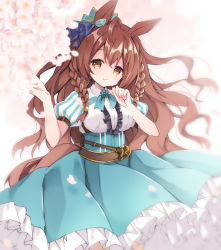 Rule 34 | 1girl, animal ears, blue bow, blue skirt, blurry, blurry foreground, bow, braid, breasts, brown eyes, brown hair, center frills, closed mouth, commentary request, depth of field, ear bow, flower, frilled skirt, frills, hair between eyes, hands up, highres, horse ears, horse girl, horse tail, long hair, medium breasts, mejiro bright (umamusume), pleated skirt, puffy short sleeves, puffy sleeves, purinpurin, shirt, short sleeves, skirt, smile, solo, striped sleeves, tail, twin braids, umamusume, very long hair, white flower, white shirt