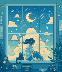 Rule 34 | 1girl, barefoot, book, cat, cloud, cloudy sky, constellation, crescent, emily kim, evening, floating hair, from behind, glasses, guitar case, headphones, highres, indoors, instrument case, long hair, original, plant, ponytail, poster (object), potted plant, shirt, shooting star, short sleeves, sitting, sky, star (sky), starry sky, sticker, tape recorder, twitter username, white shirt, window