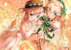 Rule 34 | 2girls, :d, bad id, bad pixiv id, bare shoulders, blonde hair, blue eyes, bow, breasts, brown hair, brown hat, casual one-piece swimsuit, cleavage, commentary request, dress, dutch angle, fate/grand order, fate (series), gloves, green bow, green hairband, hair between eyes, hair bow, hair ornament, hairband, hat, headpiece, highres, holding hands, interlocked fingers, jeanne d&#039;arc (fate), jeanne d&#039;arc (ruler) (fate), jeanne d&#039;arc (swimsuit archer) (fate), jeanne d&#039;arc (swimsuit archer) (third ascension) (fate), large breasts, long hair, marie antoinette (fate), marie antoinette (swimsuit caster) (second ascension) (fate), multiple girls, off-shoulder dress, off shoulder, one-piece swimsuit, open mouth, outdoors, shell hair ornament, smile, standing, starfish hair ornament, sunset, swimsuit, teeth, twintails, upper teeth only, utayoi (umakatare), very long hair, wading, water, white dress, white gloves, white one-piece swimsuit