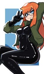 Rule 34 | 1girl, absurdres, arm up, black bodysuit, blue eyes, bodysuit, breasts, closed mouth, commission, freckles, green jacket, highres, jacket, large breasts, long hair, looking at viewer, muds, orange hair, original, smile, solo, v