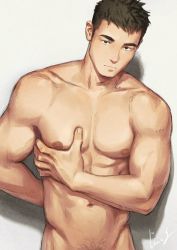 Rule 34 | 1boy, abs, bara, brown hair, closed mouth, gentle2nd, large pectorals, looking at viewer, male focus, mature male, muscular, muscular male, navel, nipples, nude, original, pectorals, short hair, solo, stomach
