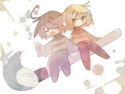 2others ahoge black_stripes blue_sweater blush_stickers brown_hair brown_shoes chara_(undertale) chibi closed_eyes closed_mouth collared_sweater double_horizontal_stripe frisk_(undertale) green_sweater long_sleeves matu_(t_iyou8) multiple_others other_focus paintbrush purple_stripes red_eyes shoes sitting sweater undertale yellow_stripes