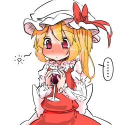 Rule 34 | ..., 1girl, adapted costume, aichinomiya, back bow, blonde hair, blush, bow, cowboy shot, cup, drinking glass, flandre scarlet, hat, holding, holding cup, juliet sleeves, large bow, long hair, long sleeves, looking at object, mob cap, nose blush, one side up, puffy sleeves, red eyes, red skirt, red vest, red wine, shirt, simple background, skirt, solo, spoken ellipsis, squeans, touhou, vest, white background, white bow, white hat, white shirt, wine, wine glass