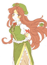Rule 34 | 1girl, arms behind back, bow, braid, brown eyes, chinese clothes, female focus, frilled hat, frilled skirt, frills, hair bow, hat, hong meiling, long hair, looking at viewer, meeko, pants, red hair, sketch, skirt, solo, touhou, twin braids, white background