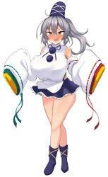Rule 34 | 1girl, bare legs, blue footwear, blue headwear, blue skirt, breasts, detached sleeves, grey eyes, grey hair, haruka (haruka channel), highres, huge breasts, large breasts, long hair, long sleeves, medium hair, microskirt, mononobe no futo, neck ribbon, pom pom (clothes), ponytail, ribbon, ribbon-trimmed sleeves, ribbon trim, simple background, skirt, sleeves past fingers, sleeves past wrists, solo, touhou, white background, wide sleeves