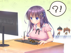 Rule 34 | !?, 1boy, 2girls, a.x., ahoge, bad id, bad pixiv id, black ribbon, blush, blush stickers, breast rest, breasts, breasts on table, brown eyes, brown hair, chibi, covered erect nipples, desk, drawing tablet, frilled sleeves, frills, hair ornament, highres, holding, holding stylus, inconvenient breasts, keyboard (computer), large breasts, long hair, mo xiaoju, monitor, multiple girls, nose blush, pink shirt, purple eyes, ribbon, shaded face, shirt, short sleeves, solo focus, spoken interrobang, stylus, sweatdrop, sanse hui lian, twintails, very long hair, wen zhi