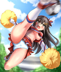 Rule 34 | 1girl, absurdres, alternate costume, ball, black hair, blue panties, blue sky, breasts, brown eyes, cameltoe, cheerleader, cleft of venus, cloud, commission, crop top, day, elbow gloves, flying kick, gloves, hair ornament, hairclip, haruna (kancolle), highres, holding, holding pom poms, jumping, kantai collection, kicking, long hair, miniskirt, navel, no bra, outdoors, paid reward available, panties, pixiv commission, pleated skirt, pom pom (cheerleading), pom poms, red skirt, shoes, skirt, sky, sleeveless, sneakers, soccer ball, socks, solo, sweat, underboob, underwear, white gloves, white socks, zanntetu