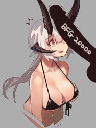 Rule 34 | 1girl, ^^^, bikini, black bikini, blush, breasts, collarbone, demon girl, doom (series), doom eternal, erection, fangdan runiu, fangs, front-tie top, grey background, horns, large breasts, long hair, marauder (doom eternal), micro bikini, open mouth, penis, penis awe, penis on face, penis over one eye, personification, red eyes, silver hair, simple background, solo, solo focus, swimsuit