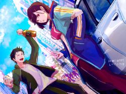 Rule 34 | 1boy, 1girl, ;d, alcohol, arm up, black hair, blue jacket, blue sky, bottle, breasts, car, city, collared jacket, commentary request, dutch angle, green jacket, hair behind ear, hair ornament, hairclip, hand in pocket, hand up, highres, holding, holding bottle, jacket, leaning against vehicle, long sleeves, looking at viewer, medium breasts, mikazuki shizuka, motor vehicle, multicolored clothes, multicolored jacket, navel, one eye closed, open clothes, open jacket, open mouth, outdoors, pink eyes, pink shorts, pink sports bra, purple hair, rae ariadne, short hair, shorts, signature, silhouette, sky, smile, sports bra, sportswear, stomach, tendou akira, v, white jacket, zom 100: zombie ni naru made ni shitai 100 no koto