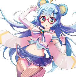 Rule 34 | 1girl, ahoge, animal ears, arm up, blue eyes, blue hair, blue skirt, breasts, brown pantyhose, commentary request, dyed ahoge, elbow gloves, frilled shirt, frills, glasses, gloves, green eyes, hair ornament, hairclip, hand up, highres, long hair, looking at viewer, medium breasts, midriff, navel, nyama, panties, pantyhose, parted lips, pleated skirt, red-framed eyewear, sailor collar, shirt, show by rock!!, simple background, skirt, sleeveless, sleeveless shirt, solo, spade (shape), spade hair ornament, striped clothes, striped panties, striped pantyhose, tsukino (show by rock!!), underwear, vertical-striped clothes, vertical-striped pantyhose, very long hair, white background, white gloves, white sailor collar, white shirt