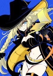 Rule 34 | 1girl, aesc (fate), aesc (rain witch) (fate), black bow, black gloves, black panties, blonde hair, blue background, blue eyes, book, bow, braid, breasts, cleavage, cowboy shot, fate/grand order, fate (series), glasses, gloves, hair over one eye, hat, highleg, highleg panties, highres, jacket, kauderni01356, long hair, looking at viewer, midriff, navel, official alternate costume, open clothes, open jacket, panties, red-framed eyewear, round eyewear, short shorts, shorts, simple background, smile, solo, thigh strap, thong, twin braids, underwear, white shorts, witch hat