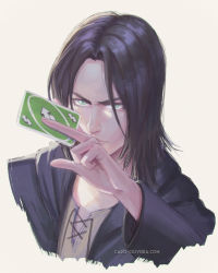 Rule 34 | 1boy, black hair, black jacket, brown shirt, card, caro oliveira, closed mouth, eren yeager, green eyes, hand up, holding, holding card, jacket, long hair, long sleeves, looking at viewer, male focus, shingeki no kyojin, shirt, simple background, solo, uno (game), upper body, white background