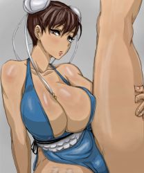 Rule 34 | 1girl, alternate costume, bare legs, bare shoulders, breasts, capcom, china dress, chinese clothes, chun-li, cleavage, curvy, dress, female focus, huge breasts, legs up, naso4, recolored, short hair, sideboob, solo, street fighter, street fighter iv (series)