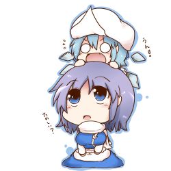 Rule 34 | &gt;:d, 2girls, :d, :o, apron, blue dress, blue eyes, blue hair, breasts, chibi, chibi on head, cirno, dekasudachin, dress, fang, headwear switch, letty whiterock, looking up, multiple girls, o o, on head, open mouth, perfect cherry blossom, scarf, sitting, smile, touhou, translated, v-shaped eyebrows, wings